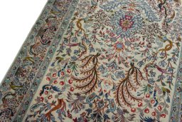 Backside of handmade 1970s Isfahan rug showing knot structure and weave density