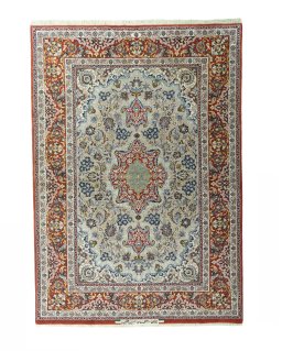 Full view of 2000s Isfahan rug from Iran / Persia, 210 × 147 cm in Beige tones