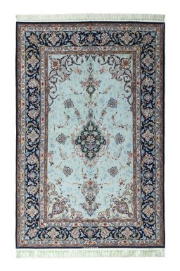 Full view of New Isfahan rug from Iran / Persia, 242 × 159 cm in Blue tones