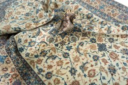 Surface texture of 1970s Isfahan rug with natural Cork and intricate pattern