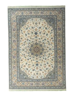 Full view of 1970s Isfahan rug from Iran / Persia, 343 × 239 cm in Beige tones