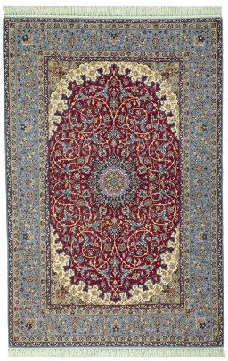 Full view of 1970s Isfahan rug from Iran / Persia, 232 × 153 cm in Red tones