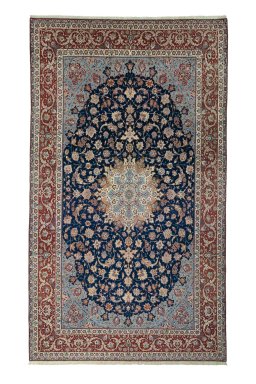Full view of 1950s Isfahan rug from Iran / Persia, 457 × 265 cm in Blue tones