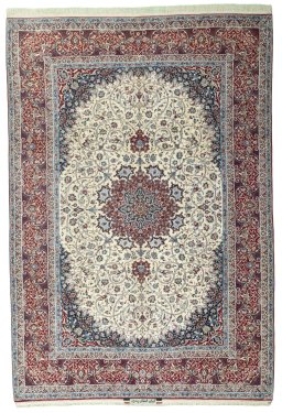 Full view of 1970s Isfahan rug from Iran / Persia, 380 × 260 cm in Beige tones