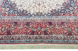 Full view of 1970s Isfahan rug from Iran / Persia, 380 × 260 cm in Beige tones