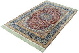Corner detail of 1970s Isfahan rug showing border pattern and Cork pile
