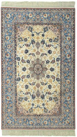 Full view of 1950s Isfahan rug from Iran / Persia, 241 × 148 cm in Beige tones