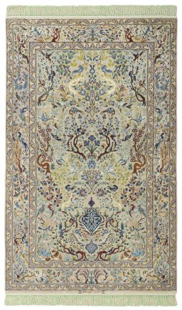 Full view of 1970s Isfahan rug from Iran / Persia, 231 × 145 cm in Beige tones