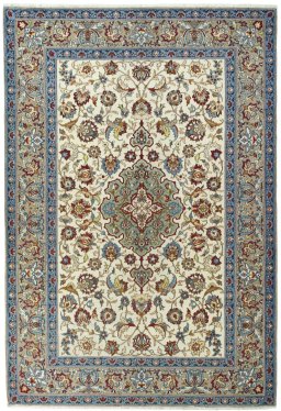 Full view of 1950s Isfahan rug from Iran / Persia, 310 × 211 cm in Beige tones