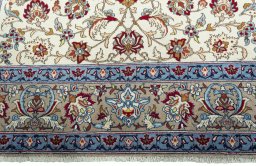 Full view of 1950s Isfahan rug from Iran / Persia, 310 × 211 cm in Beige tones