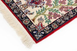 Backside of handmade New Isfahan rug showing knot structure and weave density