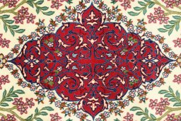 Close-up detail of New Isfahan rug from Iran / Persia showing Wool weave