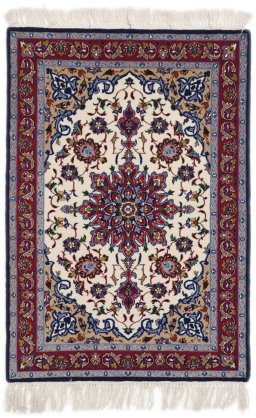 Full view of New Isfahan rug from Iran / Persia, 102 × 71 cm in Beige tones
