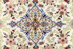 Close-up detail of New Isfahan rug from Iran / Persia showing Wool weave