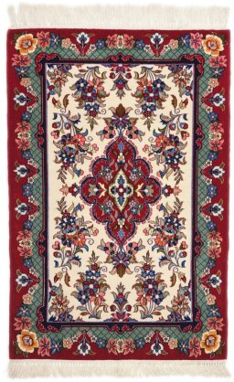 Full view of New Isfahan rug from Iran / Persia, 106 × 79 cm in Beige tones