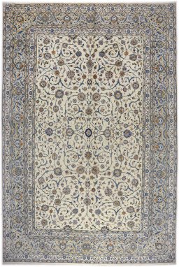 Full view of New Kashan rug from Iran / Persia, 503 × 330 cm in Cream tones