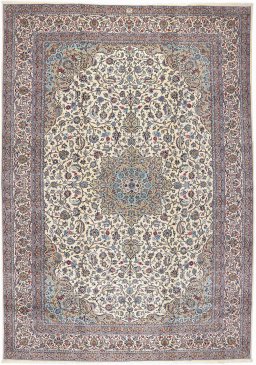 Full view of 1980s Kashan rug from Iran / Persia, 489 × 342 cm in Cream tones