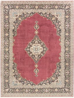 Full view of 1980s Kashan rug from Iran / Persia, 399 × 310 cm in Dark red tones