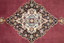 Full view of 1980s Kashan rug from Iran / Persia, 399 × 310 cm in Dark red tones