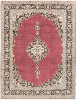 Full view of 1980s Kashan rug from Iran / Persia, 397 × 304 cm in Dark red tones