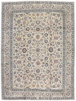Full view of 1970s Kashan rug from Iran / Persia, 437 × 325 cm in Cream tones