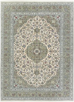 Full view of 1990s Kashan rug from Iran / Persia, 399 × 292 cm in Cream tones