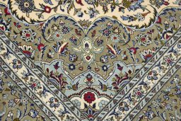 Full view of 1990s Kashan rug from Iran / Persia, 399 × 292 cm in Cream tones