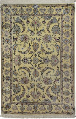 Full view of 1990s Kashan rug from Iran / Persia, 116 × 76 cm in Beige tones
