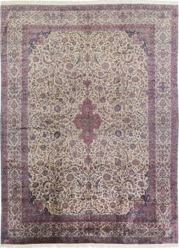 Full view of 1900s Kashan rug from Iran / Persia, 357 × 262 cm in Cream tones