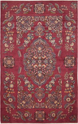 Full view of 1950s Kashan rug from Iran / Persia, 208 × 128 cm in Red tones
