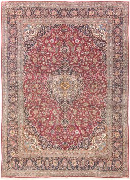 Full view of 1950s Kashan rug from Iran / Persia, 419 × 300 cm in Dark red tones