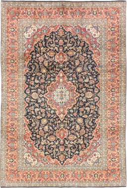 Full view of New Kashan rug from Iran / Persia, 338 × 226 cm in Dark blue tones