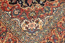 Full view of New Kashan rug from Iran / Persia, 338 × 226 cm in Dark blue tones