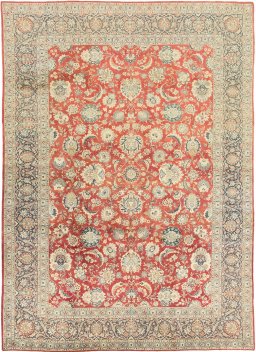 Full view of 1950s Kashan rug from Iran / Persia, 422 × 305 cm in Red tones
