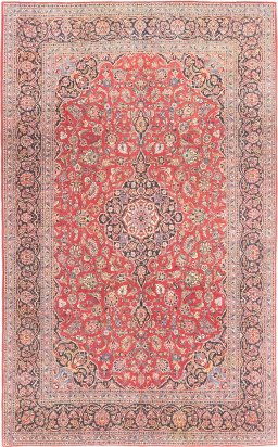 Full view of 1950s Kashan rug from Iran / Persia, 363 × 229 cm in Dark red tones