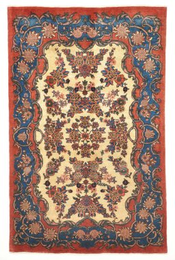 Full view of 1950s Kashan rug from Iran / Persia, 209 × 134 cm in Beige tones