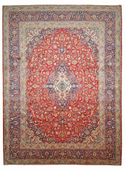 Full view of 2000s Kashan rug from Iran / Persia, 410 × 304 cm in Red tones
