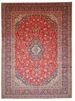 Full view of 2000s Kashan rug from Iran / Persia, 400 × 294 cm in Red tones