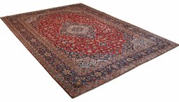 Corner detail of 2000s Kashan rug showing border pattern and Wool pile