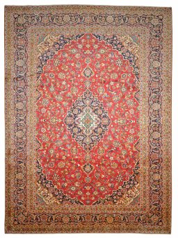 Full view of 2000s Kashan rug from Iran / Persia, 422 × 306 cm in Red tones