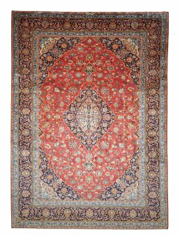 Full view of 2000s Kashan rug from Iran / Persia, 418 × 301 cm in Red tones