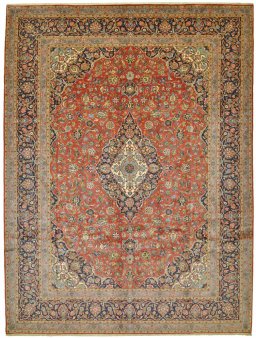 Full view of New Kashan rug from Iran / Persia, 401 × 300 cm in Red tones