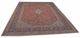 Corner detail of New Kashan rug showing border pattern and Cork pile