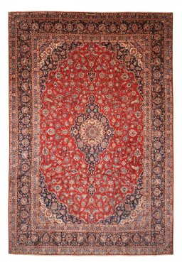 Full view of 1970s Kashan rug from Iran / Persia, 394 × 270 cm in Red tones