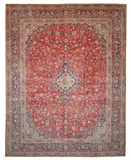 Full view of 1970s Kashan rug from Iran / Persia, 402 × 316 cm in Red tones