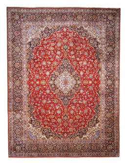 Full view of 2000s Kashan rug from Iran / Persia, 390 × 286 cm in Red tones