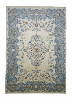 Full view of 2000s Kashan rug from Iran / Persia, 360 × 250 cm in Green tones