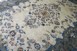 Full view of 2000s Kashan rug from Iran / Persia, 360 × 250 cm in Green tones