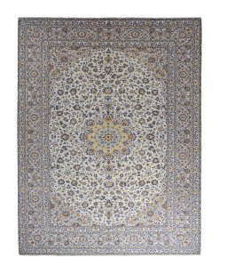 Full view of 2000s Kashan rug from Iran / Persia, 391 × 301 cm in Beige tones