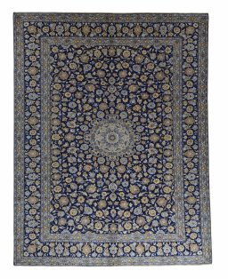 Full view of 2000s Kashan rug from Iran / Persia, 390 × 298 cm in Blue tones